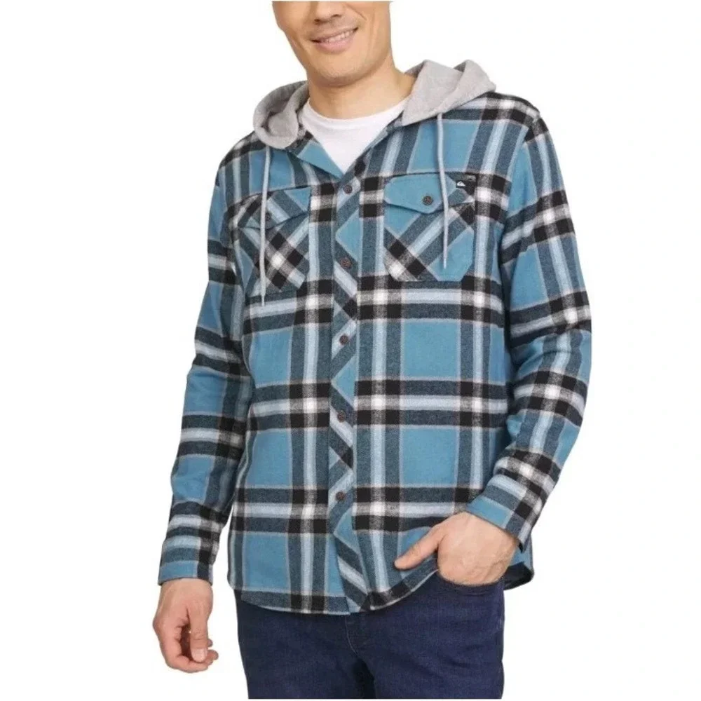 Quiksilver Men's Hooded Flannel, Hood With Drawstring, Midweight, Blue Large